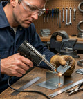 Person using Dual Watt Soldering Gun 400 And 150 Heavy Duty with Trig R Heat Control Heats Tip on metal project in workshop