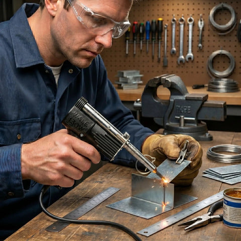Person using Dual Watt Soldering Gun 400 And 150 Heavy Duty with Trig R Heat Control Heats Tip on metal project in workshop