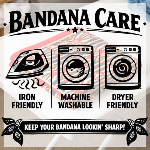 Bandana care instructions for Americana Bandana Set 22 By 22 Inches Lightweight 6 Pack With Western Camo Green Designs.