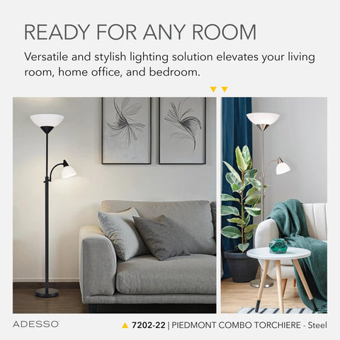 Piedmont 71 Inch Floor Lamp With Dual 150W Torchiere Up Light And 60W Reading Lamp in brushed steel beside sofas.