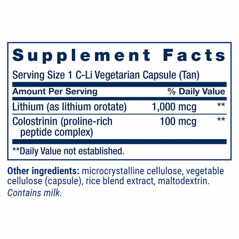 Supplement facts label for Memory Protect With Lithium And Colostrinin Milk Peptides For Brain Health And Sharp Focus