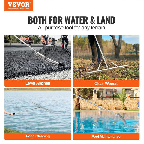 Heavy Duty Landscape Rake For Land And Water used for asphalt, weeds, pond cleaning, and pool maintenance