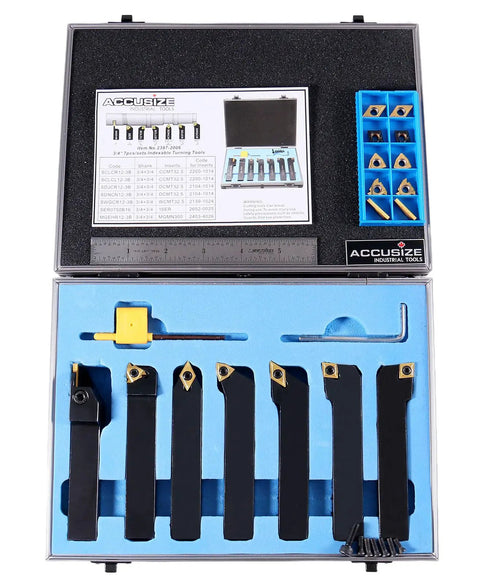 Image of Three Quarter Inch Shank Seven Piece Indexable Turning Tool Set With Extra Inserts TiN Coated C6 Carbide Inserts in case.