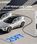 Two electric cars connected by a Level One Half EV Charger With 16 Amp Portable J1772 Electric Car Charger, 25-Foot Cable, NEMA 6-20 And 5-15 Adapters, 110V-240V For BEVs And PHEVs, Beefy PBE And LRC Safety Tech