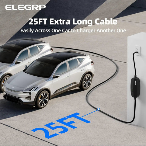 Two electric cars connected by a Level One Half EV Charger With 16 Amp Portable J1772 Electric Car Charger, 25-Foot Cable, NEMA 6-20 And 5-15 Adapters, 110V-240V For BEVs And PHEVs, Beefy PBE And LRC Safety Tech