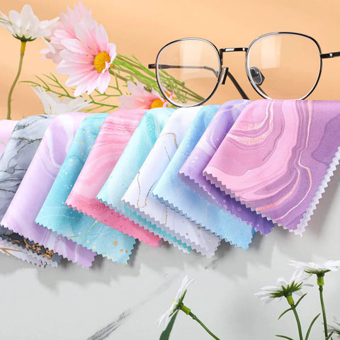 20 Pack Microfiber Cleaning Cloths Set For Eyeglasses, Camera Lenses, And Phone Screens, Marble Design Soft Wipes Displayed
