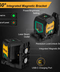 Self Leveling Laser Level With 47 Inch Tripod IP54 Rechargeable Green Laser 65 Feet Range 3 Brightness Line Modes Type C Charging Great For Quick Accurate Layouts, USB-C port and magnetic bracket