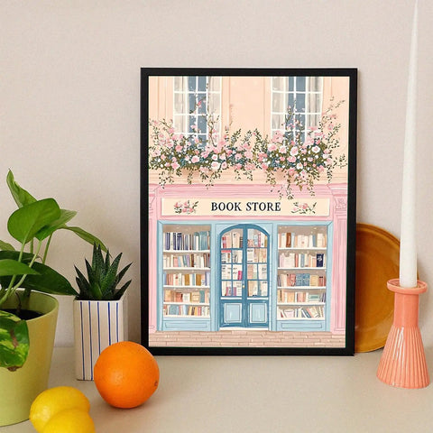 4 Pack Bookstore Diamond Art Kits For Adults, 5D diamond painting of pink book shop on 12x16 inch canvas with floral details