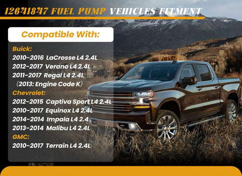 Compatibility chart for Drop In High Pressure Fuel Pump for GM 2.4L 2010 to 2017 vehicles with Buick, Chevrolet, GMC models.