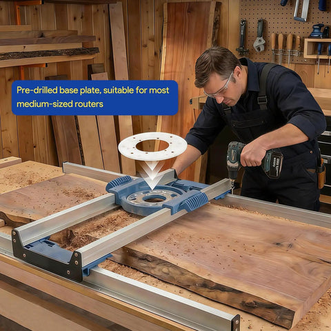 Woodworker using Pro Grade 50 Inch Benchtop Board Slab Flattening Jig with Adjustable Router Sled on large wood slab.