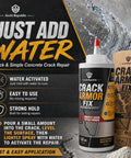 Heavy Duty Water Activated Concrete Crack Filler Fixes Sidewalk And Driveway Gaps Easy Peasy While Blocking Water Damage And Keeping Root Weeds At Bay For A Rock Solid Finish in packaging with water droplets.