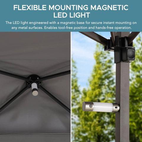 Magnetic LED light on 8 By 5 Foot Pop Up Grill Gazebo With Double Tier Standing Height Canopy for easy secure mounting
