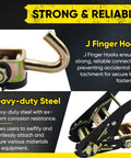 Four Pack Beefy Car Tie Down Straps, J Finger Hook, 2 in x 96 in, 9900 lbs break strength, strong and reliable steel ratchet close-up