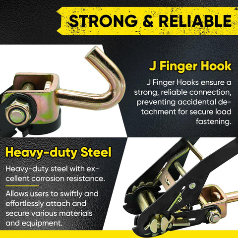 Four Pack Beefy Car Tie Down Straps, J Finger Hook, 2 in x 96 in, 9900 lbs break strength, strong and reliable steel ratchet close-up
