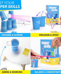 Ultra Fun Competitive Challenge Game with 120 quick dares and cup stack challenges, featuring cups, balls, dice, and skills display.