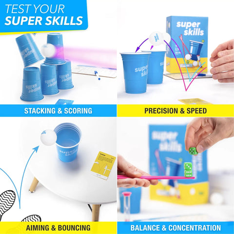 Ultra Fun Competitive Challenge Game with 120 quick dares and cup stack challenges, featuring cups, balls, dice, and skills display.
