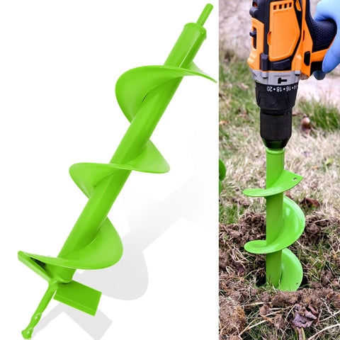 Upgrade Spiral Garden Auger Drill Bit 16 Inch By 4 Inch Heavy Duty Double Blade for planting, shown attached to drill in action.