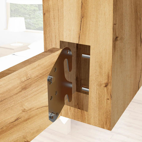 Rock Solid Wood Bed Plates And Rail Hook Plates For Quick Bed Frame Repair With Tough As Nails Iron Construction And Smooth Nickel Finish Includes Complete Four Piece Hardware Kit, close-up of iron bracket on wooden beam.