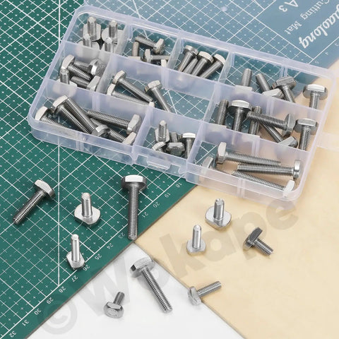 Pro Grade 50 Piece 304 Stainless Steel T Slot Bolt Kit M5 And M6 Drop In Stud Bolts organized in a plastic case on a cutting mat