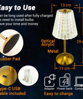Diagram of Cordless Led Table Lamp With 4000mAh Battery, 3 Color Modes, Stepless Dimming, Touch Control, Portable Crystal Metal Bedside Light