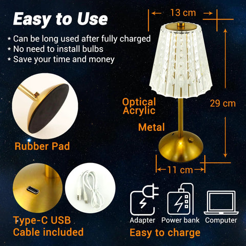 Diagram of Cordless Led Table Lamp With 4000mAh Battery, 3 Color Modes, Stepless Dimming, Touch Control, Portable Crystal Metal Bedside Light