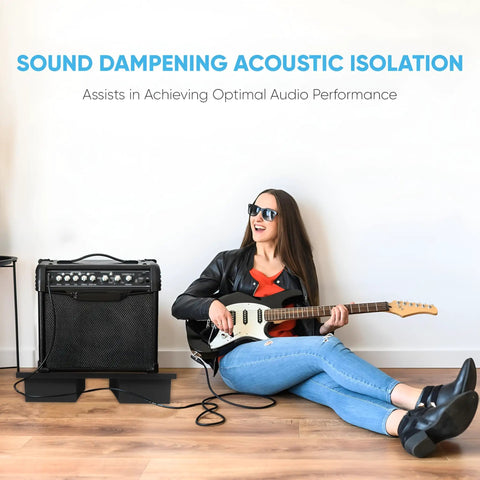 Musician playing guitar next to amp on Sound Dampening Speaker Riser Foam Platform Pro Grade For Studio Monitors Subwoofers And Loudspeakers Improve Clarity And Cut Vibration With Rubber Base Pad Recoil Stabilizer Universal Fit 22 By 15 Inch