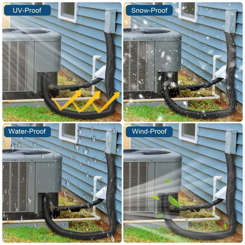 Three Layer AC Pipe Insulation Cover With Flexible Split Foam Wrap Sleeve For Central AC And Mini Split Lines, Built Tough 72 By 10.2 Inch, 600D Oxford Exterior With Aluminum Foil Lining, Black installed on outdoor AC unit, showing UV, snow, water, and wind protection.