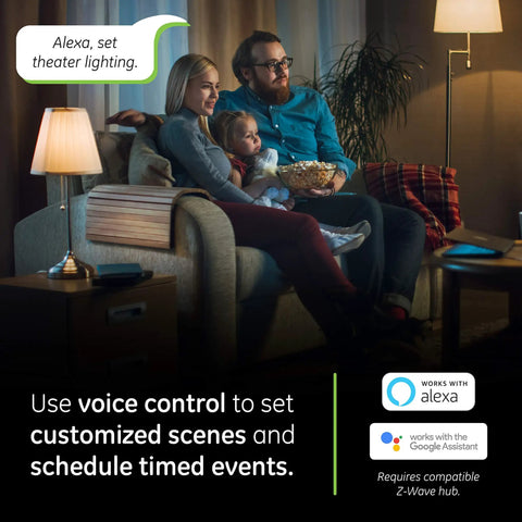 Family using Z-Wave Light Dimmer With QuickFit And SimpleWire, 3-Way Ready Must-Have, Works With Alexa And Google Assistant in living room