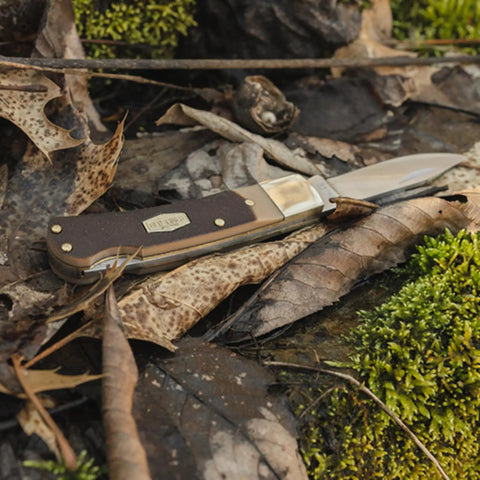 Bearhead Lockback Pocket Knife With A 2.2 Inch High Carbon Stainless Steel Blade And Sawcut Handle on forest floor