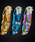 Titanium Plated Wolf 3D Relief Handle Folding Pocket Knife With Dope 440 Steel Blade, 3.6 Inch EDC Knife For Men on dark background