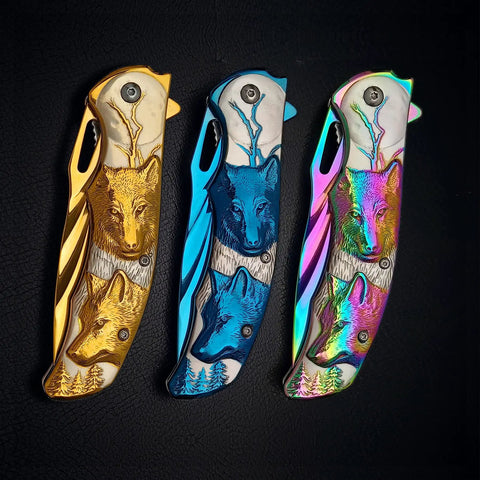 Titanium Plated Wolf 3D Relief Handle Folding Pocket Knife With Dope 440 Steel Blade, 3.6 Inch EDC Knife For Men on dark background