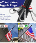 360° anti-wrap flagpole rings on flag pole for house exterior with 5 foot heavy duty steel pole and 3 by 5 embroidered USA flag