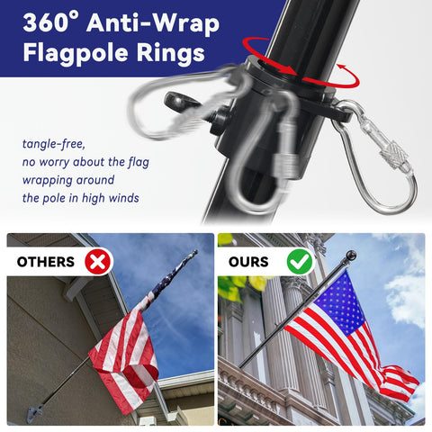 360° anti-wrap flagpole rings on flag pole for house exterior with 5 foot heavy duty steel pole and 3 by 5 embroidered USA flag