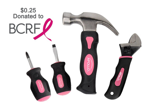 4 Piece Stubby Tool Set for Small Hands and Tight Spaces in Pink Ribbon Compact Mini Hammer Mini Screwdriver Kit Mini Wrench