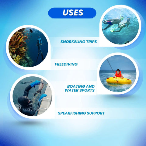 Graphic showing uses of Red Diver Below Inflatable Signal Floater With Dive Flag for snorkeling, freediving, boating, and spearfishing.