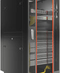 Built Like A Tank 32U Floor Standing Server Rack With 24 Inch Deep Storage And Integrated Cooling Fan featuring lockable glass door and removable sides.