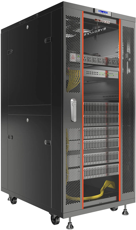 Built Like A Tank 32U Floor Standing Server Rack With 24 Inch Deep Storage And Integrated Cooling Fan featuring lockable glass door and removable sides.