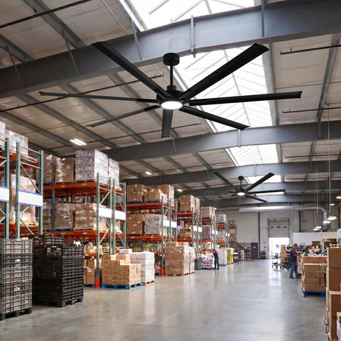 120 Inch Ceiling Fan With Lights For Large Commercial Spaces And Industrial Shops, Heavy Duty Outdoor Covered Area Fan Delivering Up To 24,000 CFM Of Powerful Airflow, Built For Big Open Rooms. Black ceiling fan with light in warehouse interior