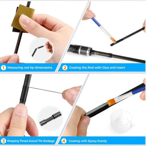 Step-by-step guide using the All In One Fishing Pole Repair Kit With Epoxy Glue And Carbon Fiber Tips for rod tip replacement.