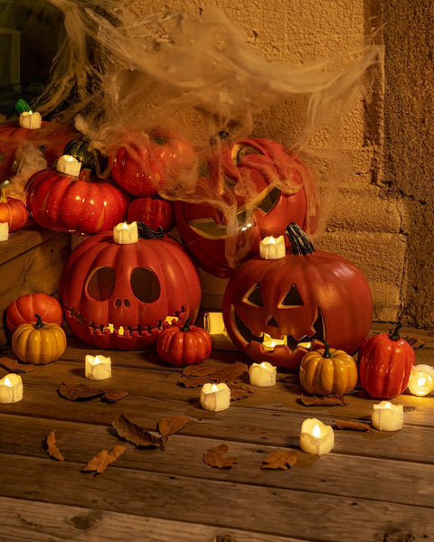 12 Pack Flameless Tea Lights With Timer Auto On For 6 Hours, Off 18 Hours Everyday, illuminating carved pumpkins, warm glow