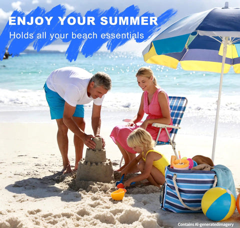 Family at beach with Large Beach Bag For Women Waterproof And Sandproof With Zipper Wet Pocket Beach Tote nearby