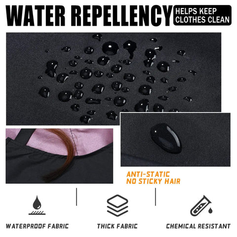 4 Piece Waterproof Hair Stylist Apron Set With 4 Pockets Black 33X25 Inch showing water repellency and anti-static features.