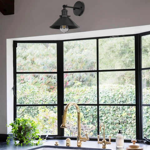 Retro Style Wall Sconces Set Of Two 180 Degree Up Down Adjustable Black Swing Wall Lamps in kitchen by window and sink