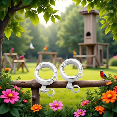 2 Pack Silver Parrot Foot Rings For Small To Medium Birds, durable metal leg bands with opening clip in a garden setting