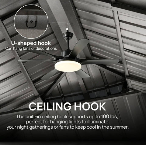 Ceiling view of 10x10 Ft Hardtop Gazebo with Dual Layer Metal Roof, Galvanized Steel Canopy, featuring a fan and U-shaped hook.