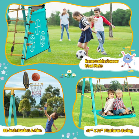 Heavy Duty Backyard Swing Set For Kids With 2 Swings, Climbing Ladder And Nets, Trapeze Bar, Soccer Goals And Basketball Hoop, Up To 660 Lbs, 7 In 1 Outdoor Playset For Ages 3 To 12, Built Tough Metal Frame shown with children playing