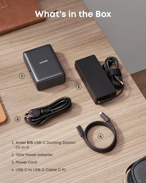 Contents of the box including the Beast 13-In-1 USB-C Docking Station With Triple Display 2 HDMI And 1 DisplayPort, power adapter, cables.