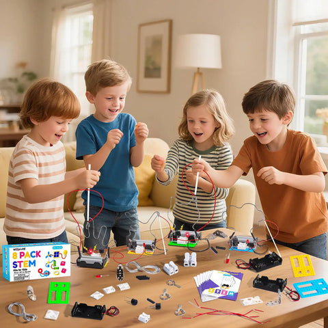 8 Set Electric Circuit STEM Kits For Kids Aged 8 To 12 Easy Setup No Tools Needed Each Kit Comes With Its Own Manual Supports Up To 8 Players Batteries Not Included Super Fun Hands On Electronics Projects displayed with four kids building circuits