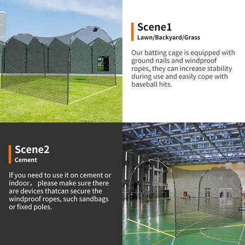Portable Baseball Batting Cage Net For Outdoor And Indoor Practice set up on lawn and gym floor