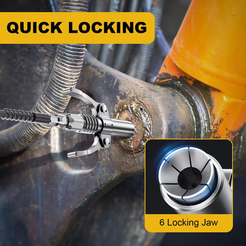 Fantictas grease gun kit with locking jaw and 18-inch hose attached to a rusted machine grease fitting